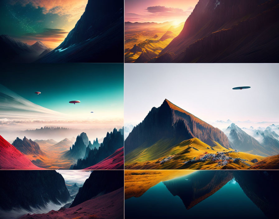 Scenic landscape collage with mountains, glowing skies, and UFOs