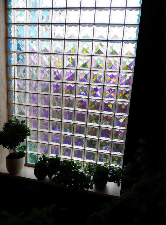 Colorful mosaic patterns adorn stained glass window with potted plants.