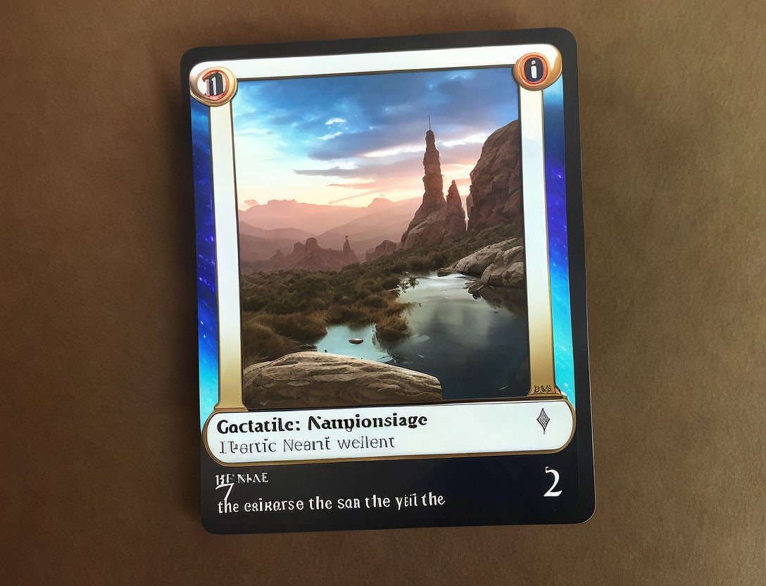 Fantasy landscape playing card with stone tower, river, and sunset.