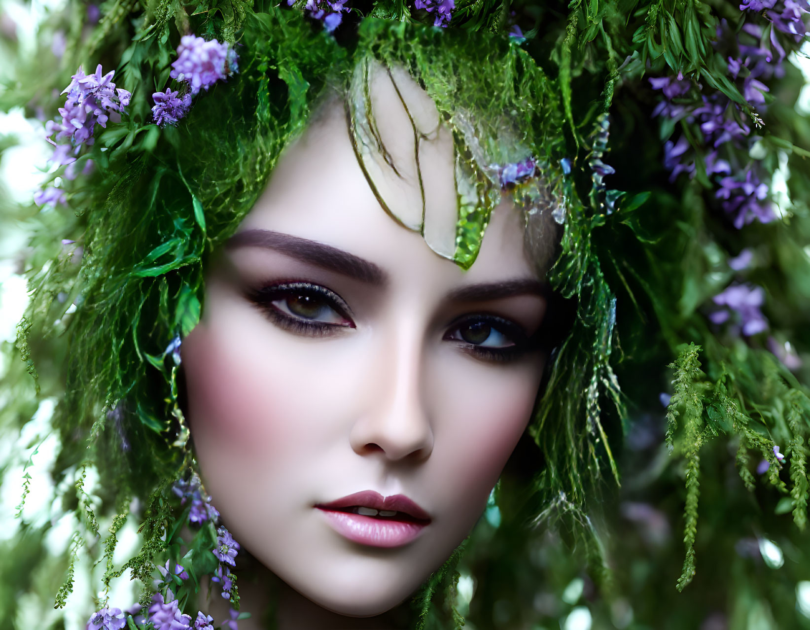 Woman wearing floral headdress with green foliage and purple flowers.