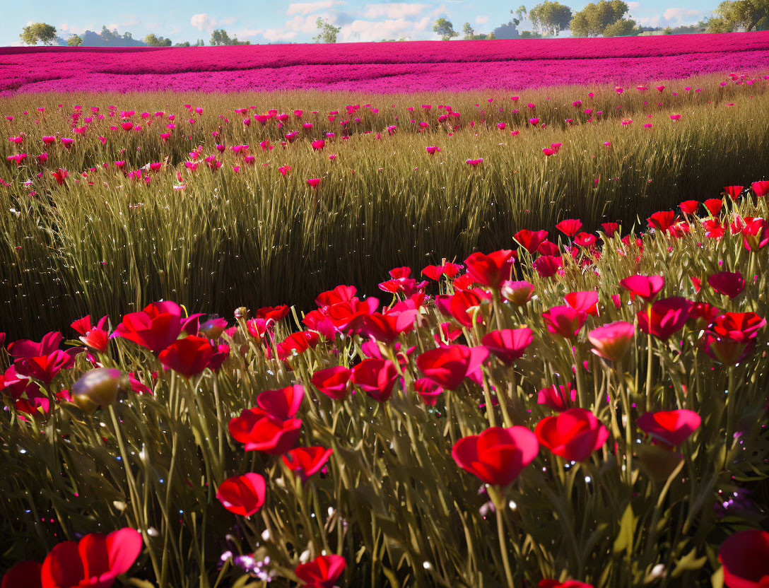 Red Poppies Field with Purple Flowers and Cloudy Sky