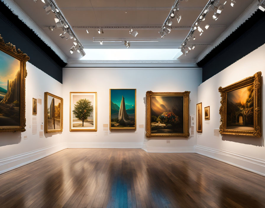 Art Gallery Interior with Various Paintings on Neutral Walls