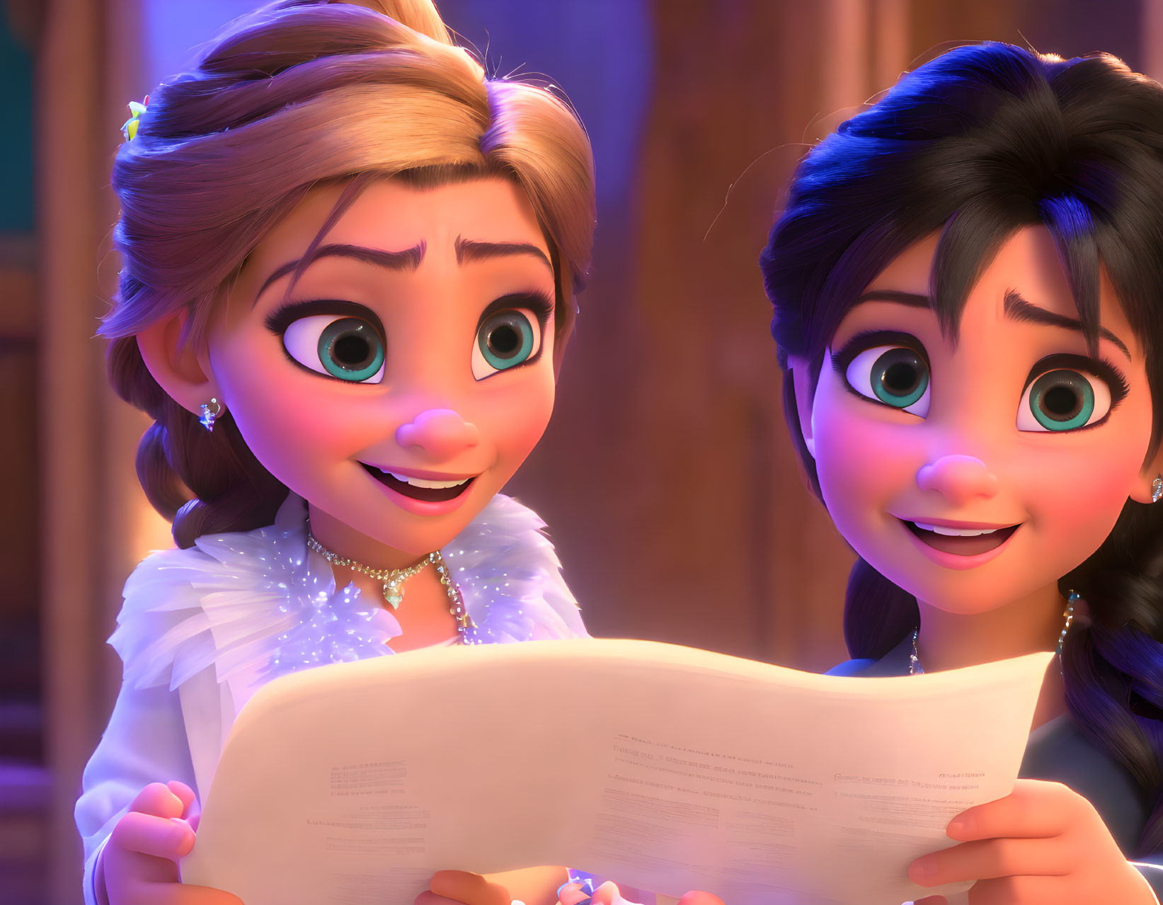 Animated female characters with big expressive eyes reading document in curiosity.