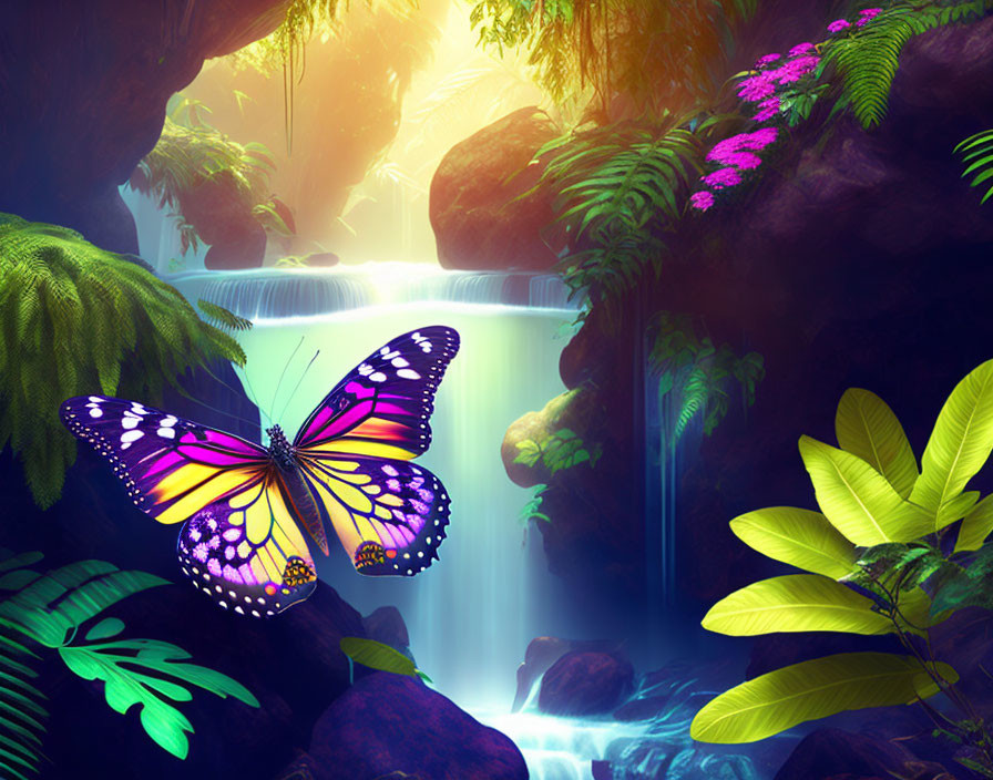 Colorful butterfly over waterfall in lush nature scene