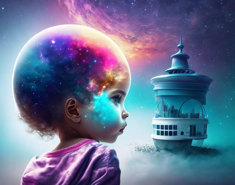 Child with cosmic-themed head gazes at futuristic building amid stars and nebulae