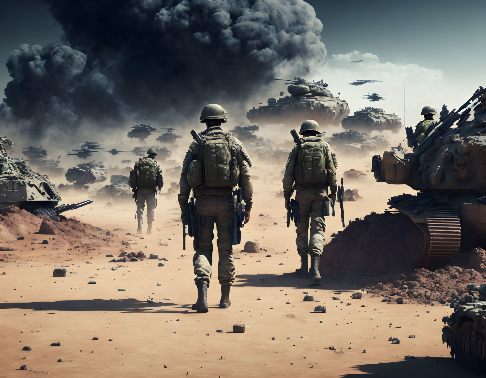 Soldiers and tanks in a smoky desert battlefield.