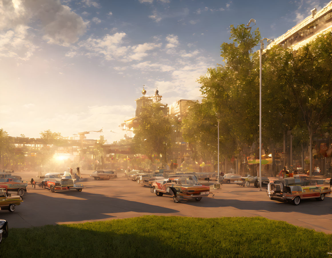 Sunlit cityscape at sunset with vintage cars, trees, and ornate buildings