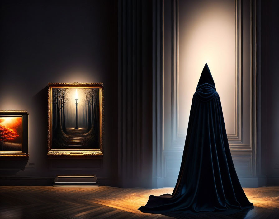 Cloaked figure in dark room with classical columns and vibrant artworks