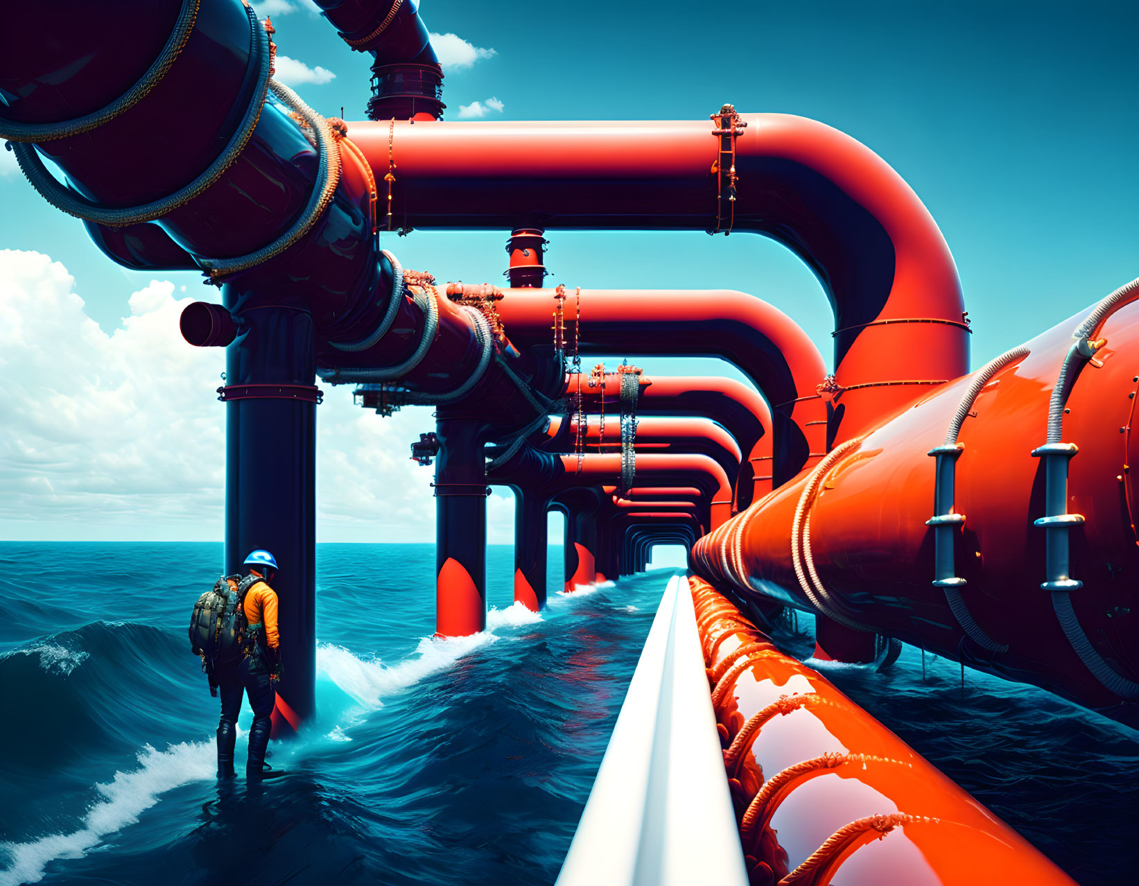 Person in yellow jacket by red pipelines over blue ocean