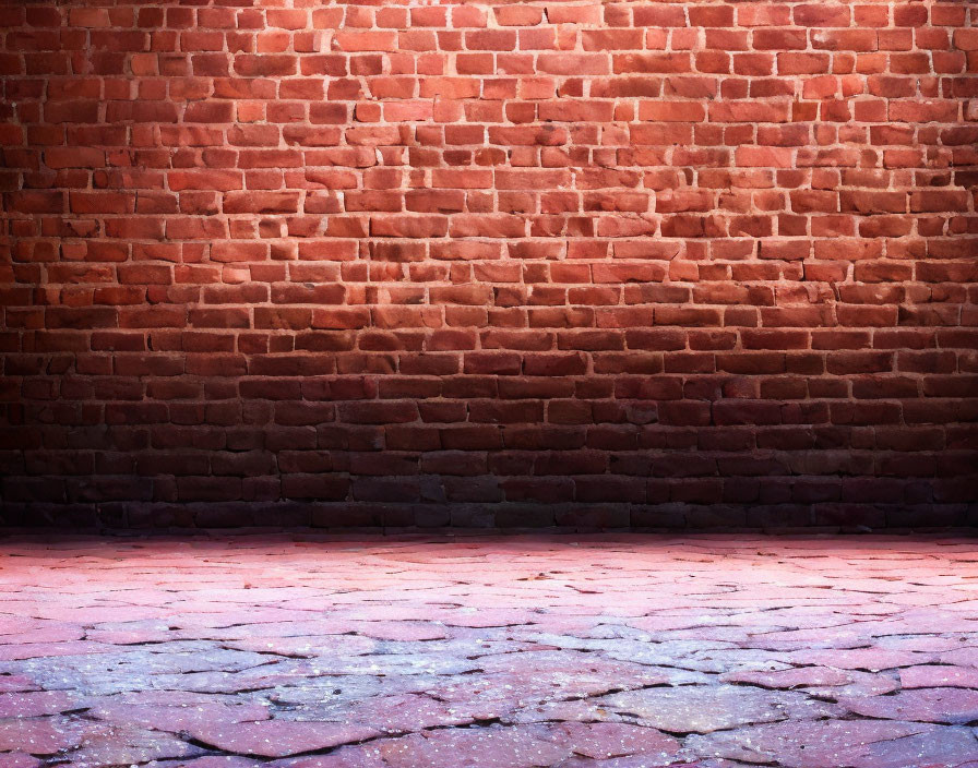 Weathered red brick wall and purple-hued paved floor in atmospheric scene