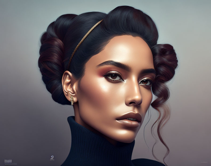 Digital portrait: Woman with elegant hairstyle, makeup, black turtleneck, and gold earrings