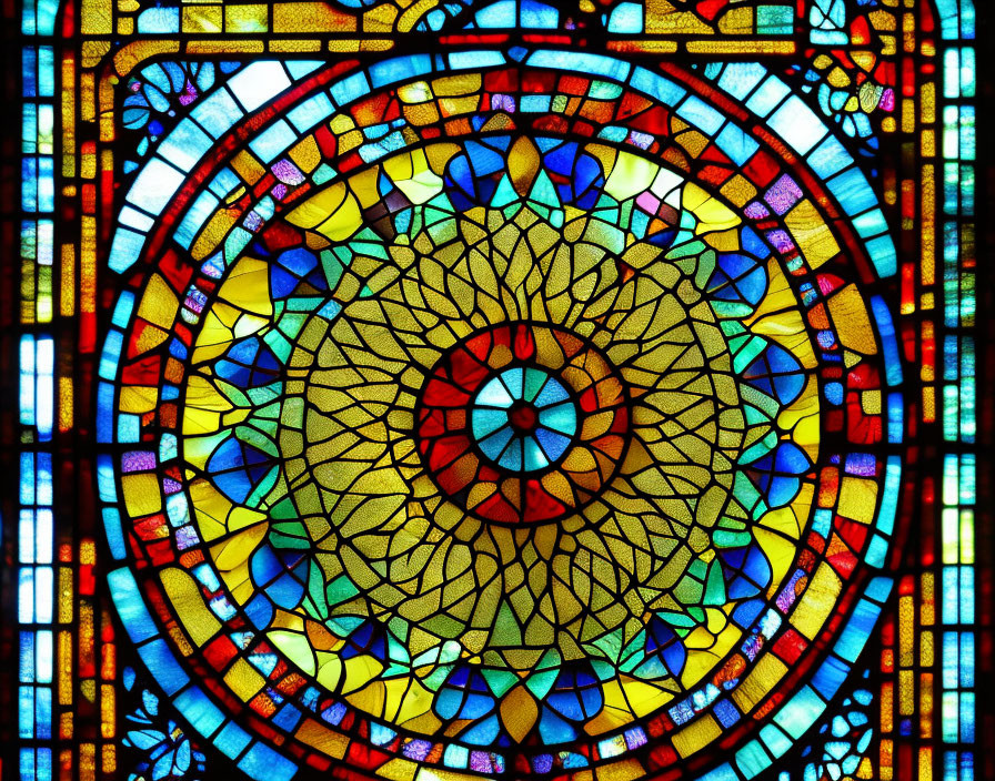 Vibrant geometric stained glass window with blue, yellow, and red hues