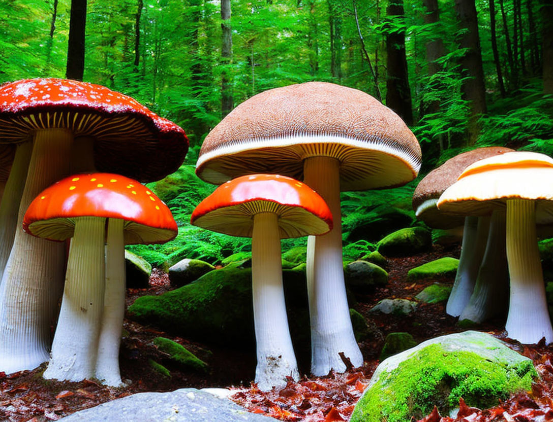 Colorful mushrooms in lush forest setting with moss-covered rocks and dense foliage