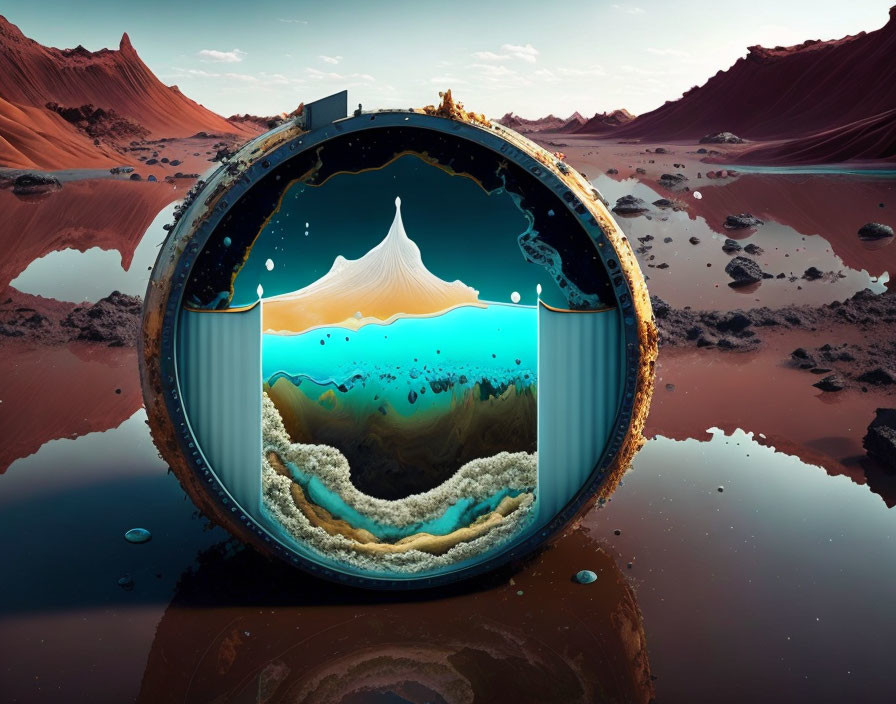 Surreal image: open cylinder underwater marine life and desert landscape.