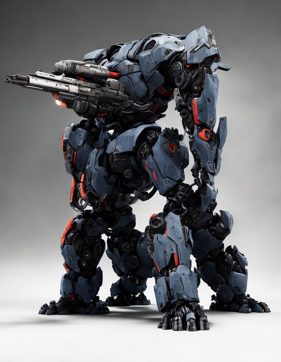 Detailed Blue and Gray Armored Robot with Shoulder Cannon