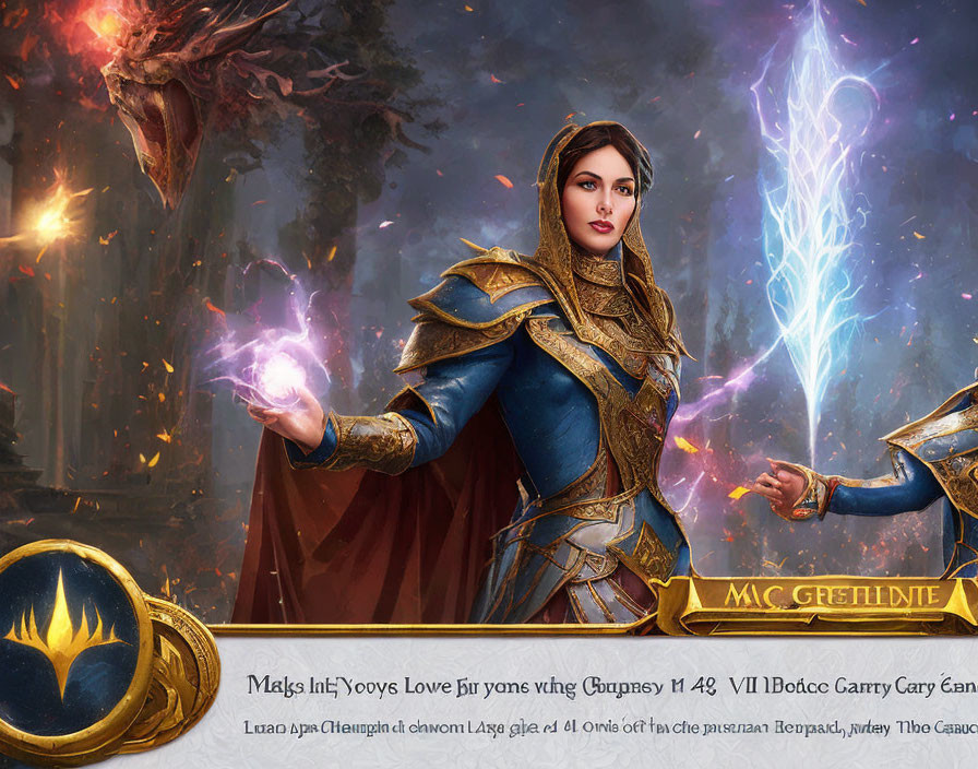 Fantasy artwork of woman in blue and gold armor with magical powers