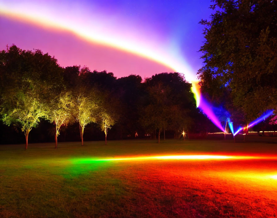 Nighttime cityscape with illuminated trees and rainbow-like light in dark sky