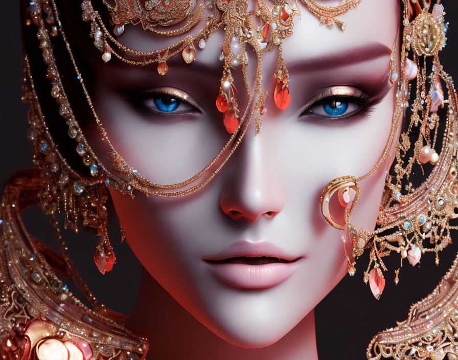 Close-up of stylized female face with blue eyes and golden jewelry.