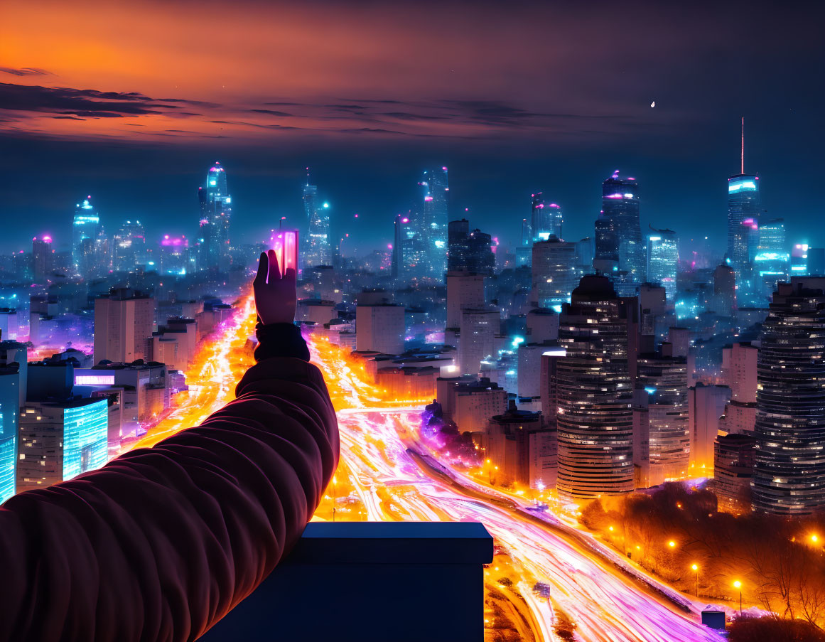 Hand reaching vibrant cityscape at twilight with traffic light trails and illuminated skyscrapers.