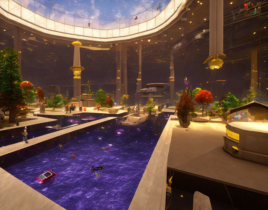 Circular Indoor Aquatic Park with Pool, Visitors, Trees, and Ambient Lighting