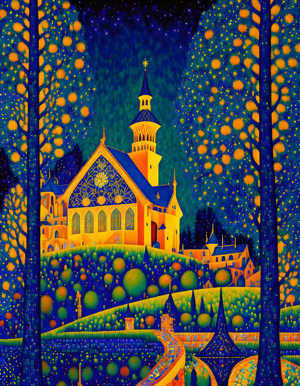 Vibrant starry night illustration with stylized church and rolling hills.