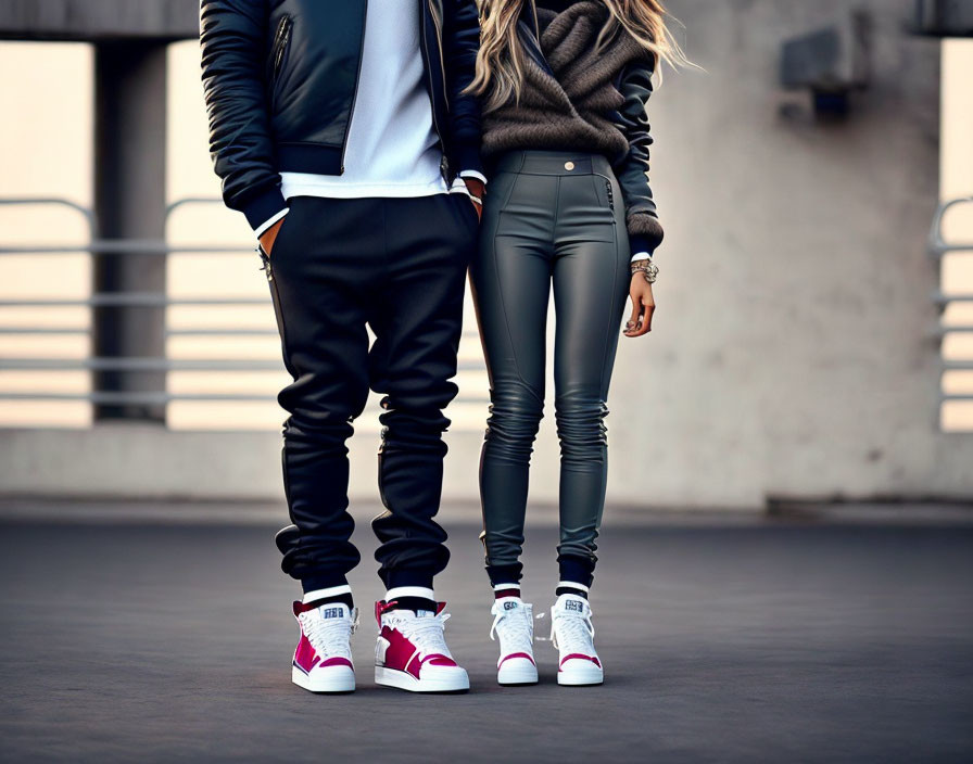 Stylish man and woman in trendy sneakers and outfits against city backdrop