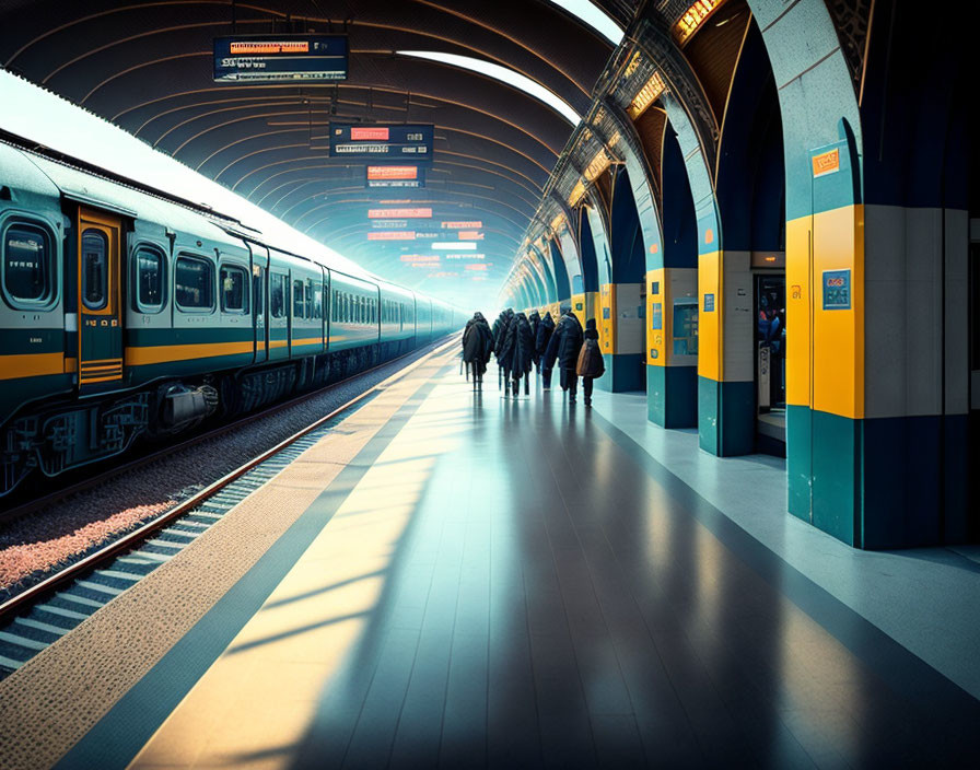 Passengers walking on subway platform with train and sunlight.