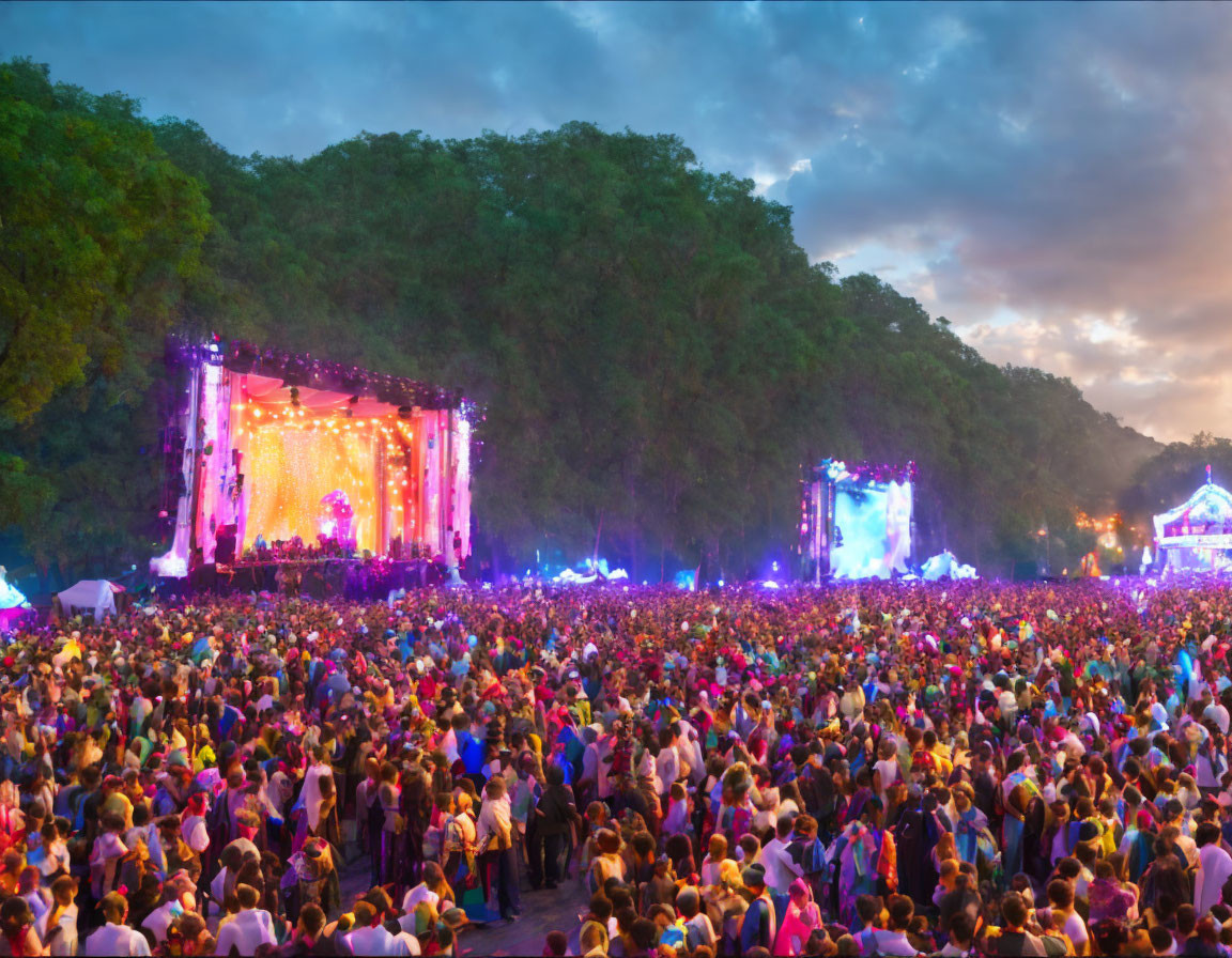 Lively outdoor music festival with large crowd and bright stage