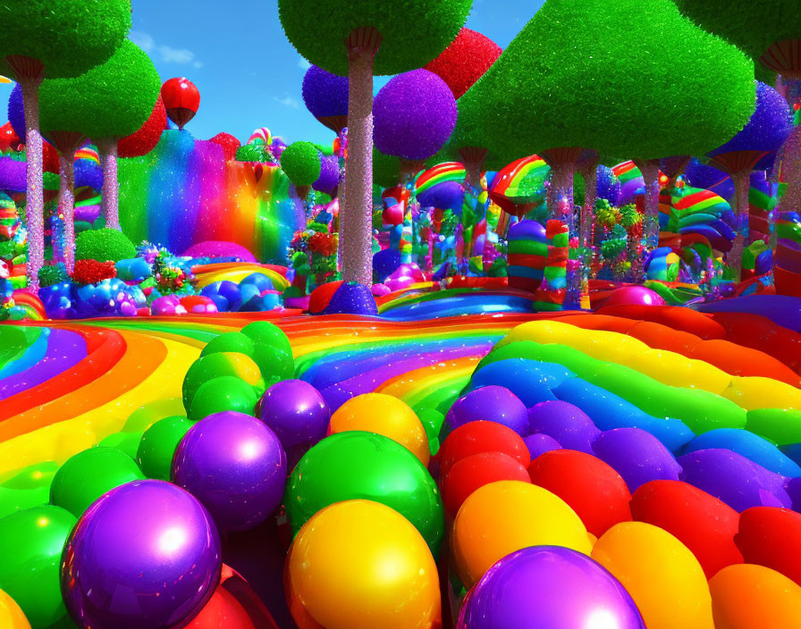 Colorful Fantasy Landscape with Rainbow Road and Shiny Spheres