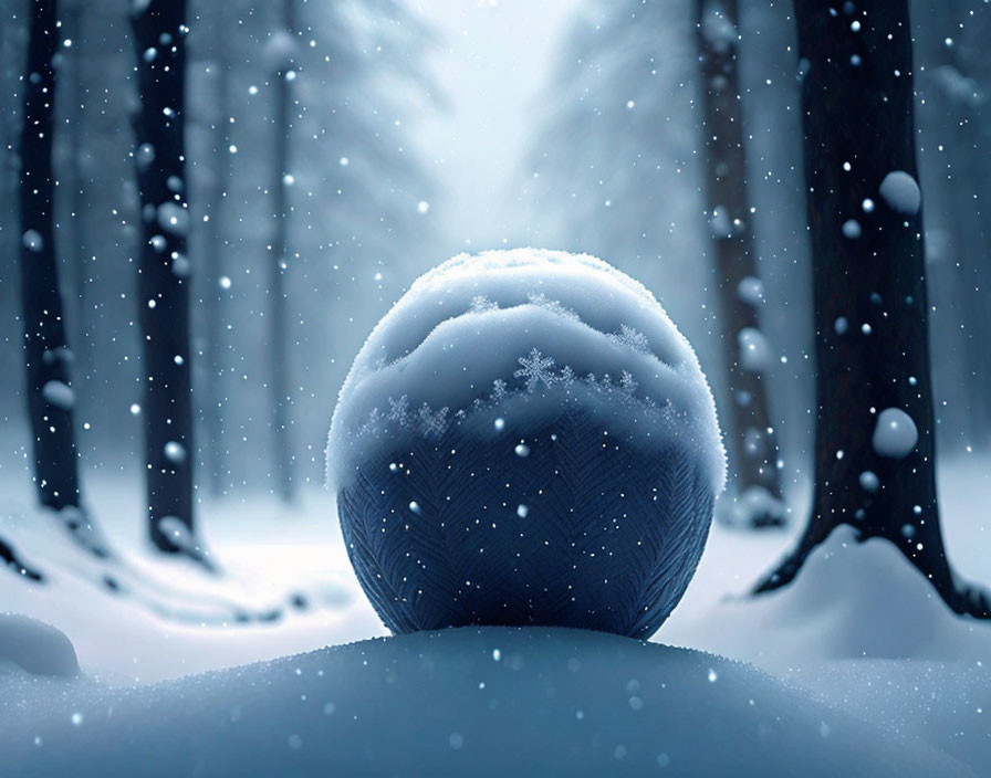 Snowy Landscape with Crystal Ball Reflecting Forest and Snowflakes