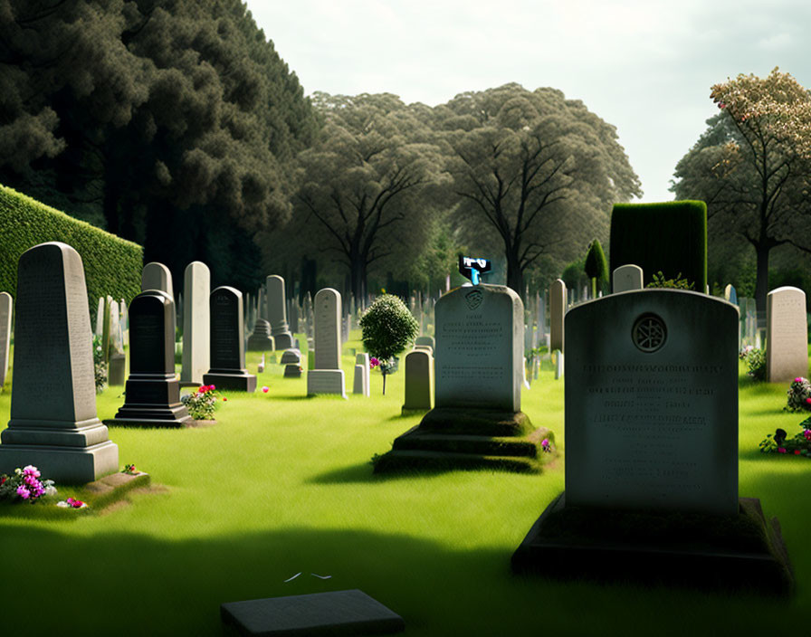 Neatly arranged headstones in serene cemetery setting.