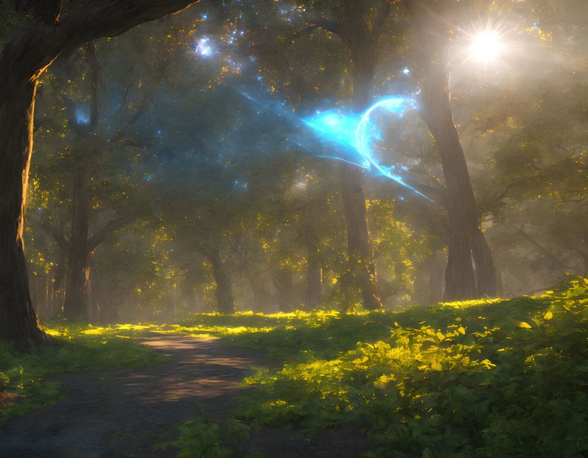 Sunlit enchanted forest path with mystical blue light and carpet of flowers