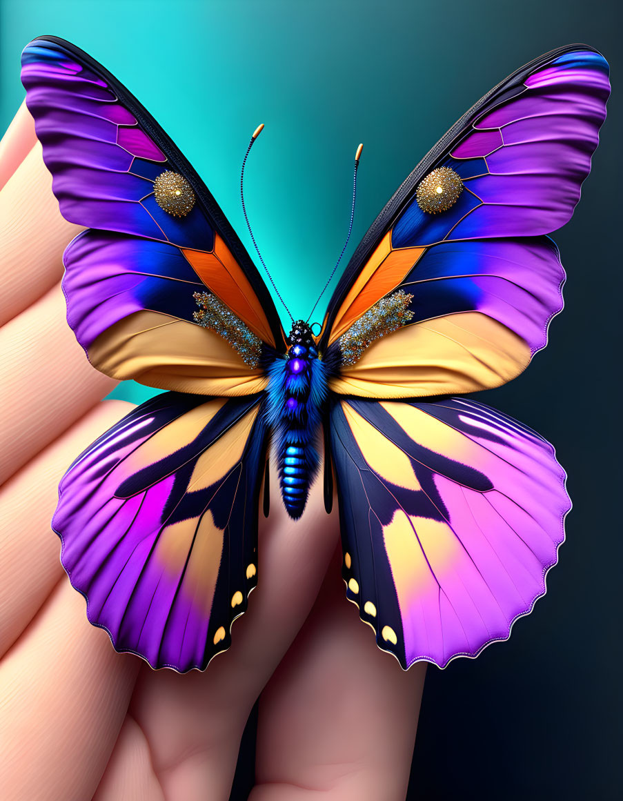 Colorful Butterfly Illustration with Purple, Orange, and Blue Wings on Teal Background