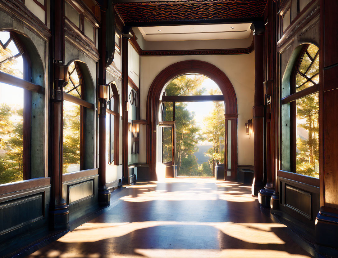 Spacious corridor with arched doorway, large windows, and sunlit wooden floors overlooking pine trees.