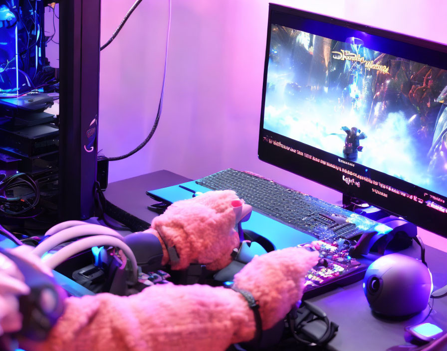 Person in pink fluffy sweater gaming on PC with RGB lighting, dual monitors, mechanical keyboard