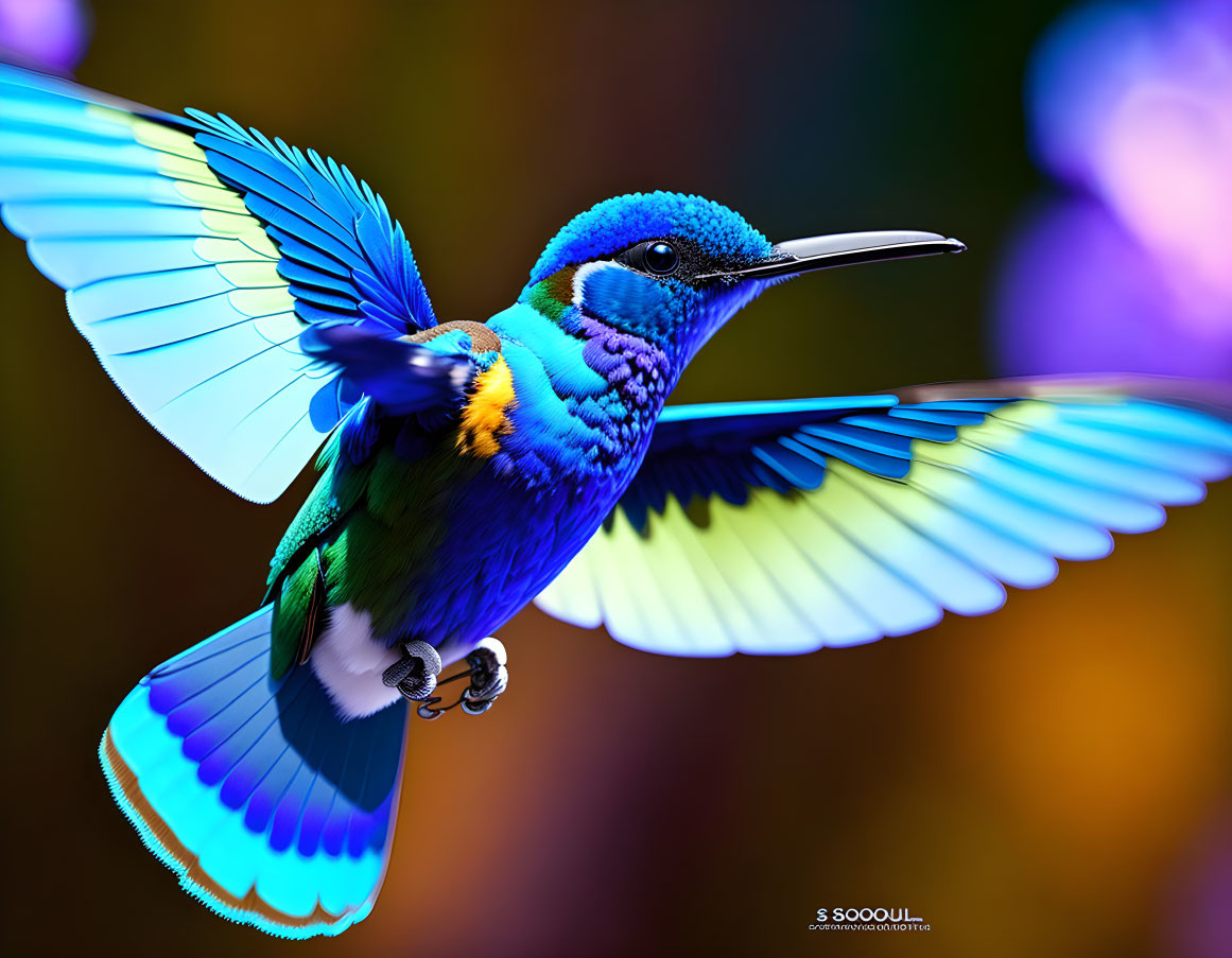 Colorful bird in flight with blue and turquoise plumage on multicolored background