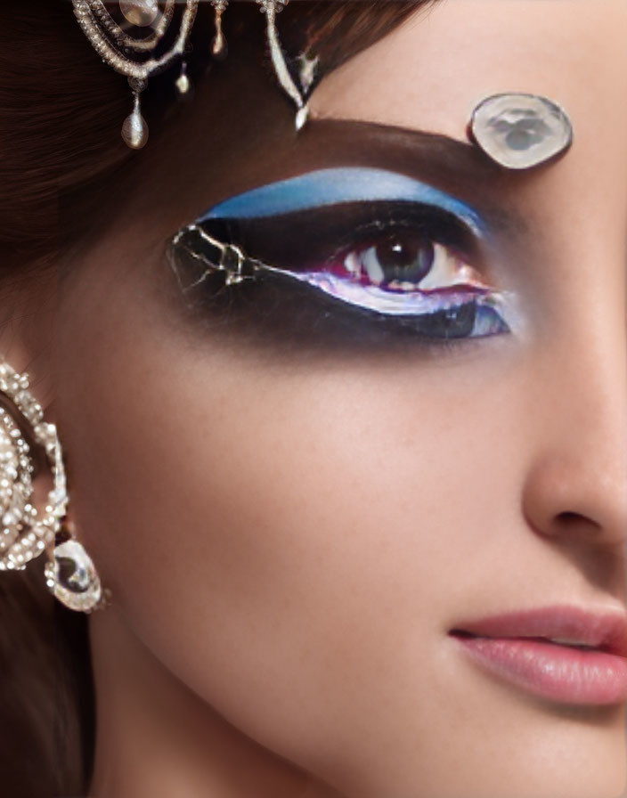 Detailed close-up of woman with cracked porcelain doll-inspired artistic makeup and gemstones.