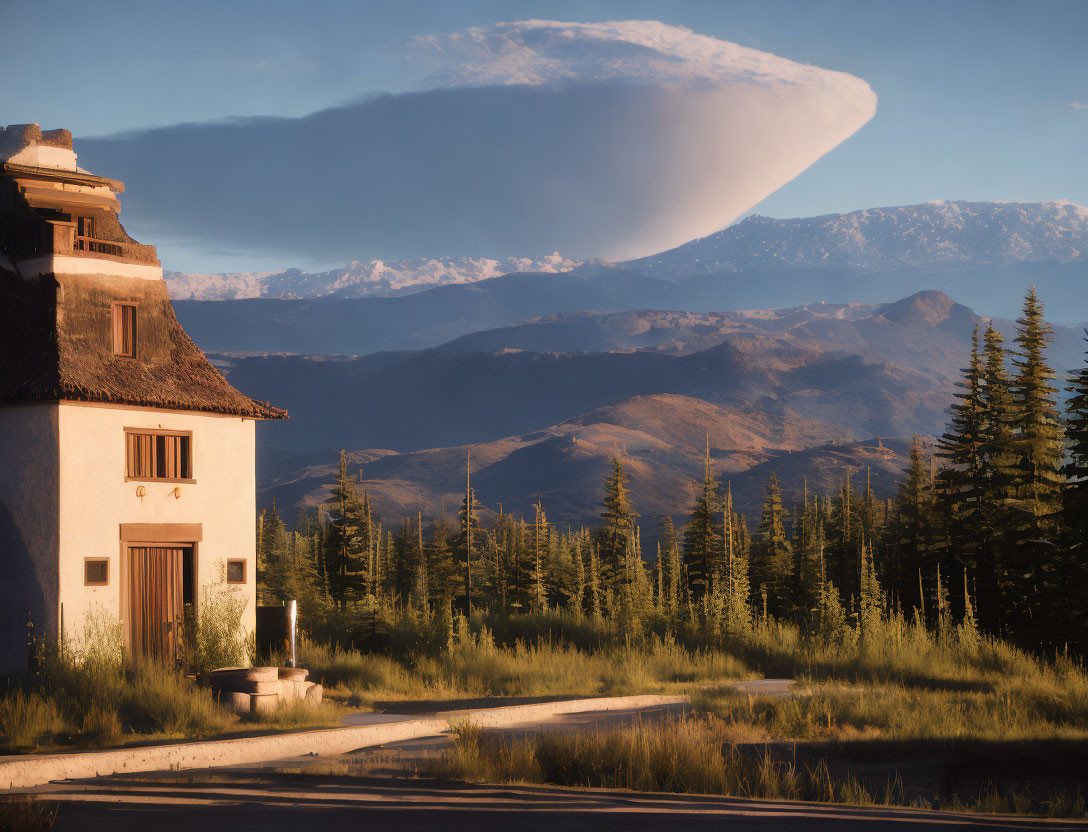 Traditional house, winding path, lush greenery, mountains, dramatic cloud at sunrise or sunset