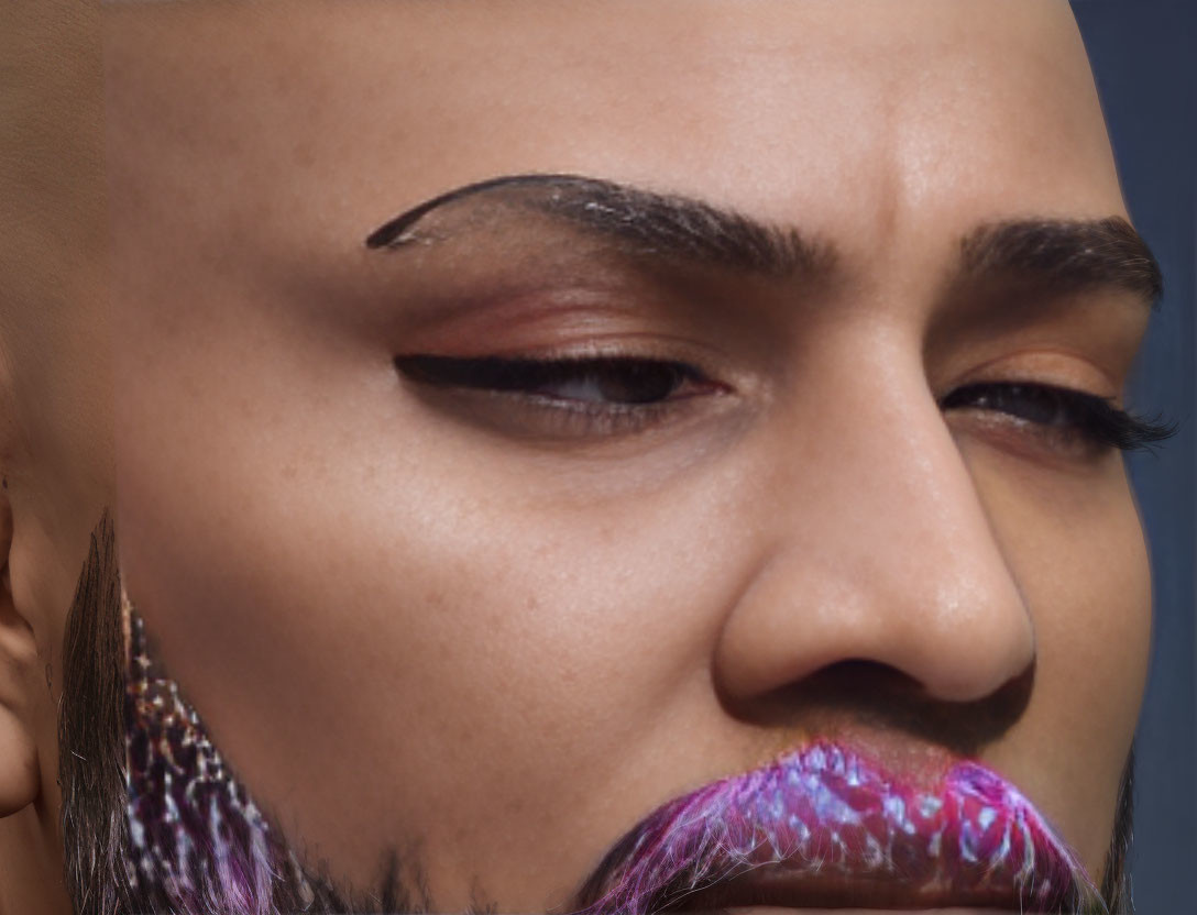 Person with Raised Eyebrow and Winged Eyeliner with Purple-Pink Braided Beard