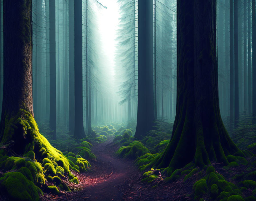 Enchanting forest with towering trees and ethereal light.
