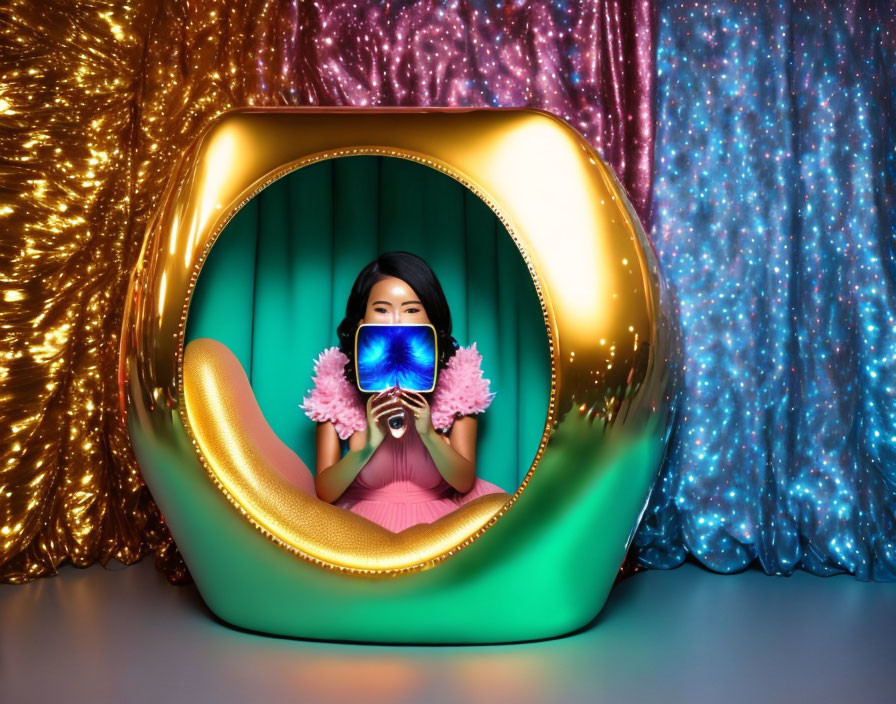 Woman in Pink Dress Taking Selfie in Modern Chair