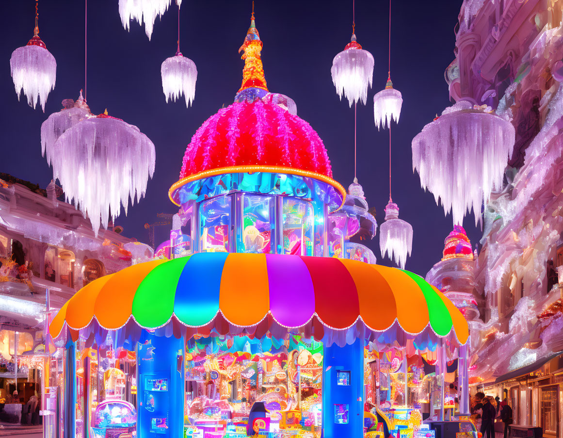 Colorful Carousel Surrounded by Ice-themed Decorations in Fantastical Night Setting