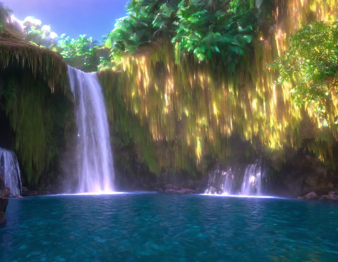 Tranquil waterfall scene with glowing foliage and blue pond