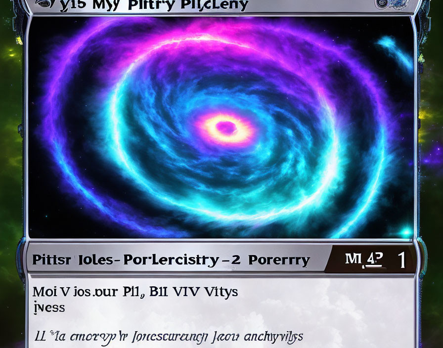 Swirling galaxy in blue and purple with pink core on fantasy card game template