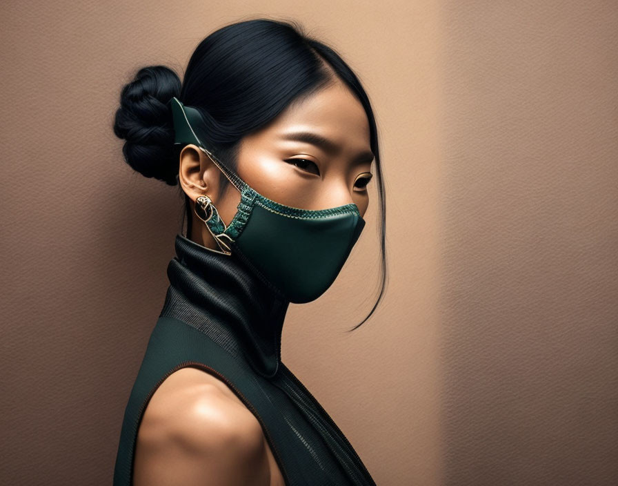 Woman with sleek bun in green mask and earring, wearing high-neck green top on tan backdrop