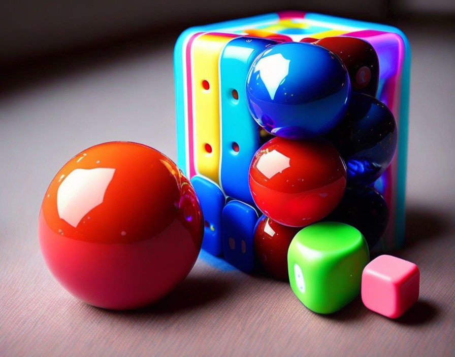 Brightly colored children's toys on wooden surface