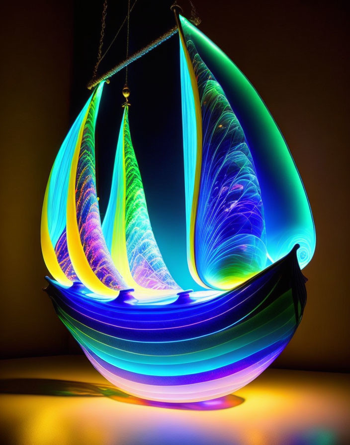 Colorful Glass Sailboat Sculpture with Illuminated Sails on Dark Background