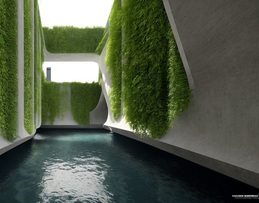 Architectural water channel with green vertical gardens under bright sky