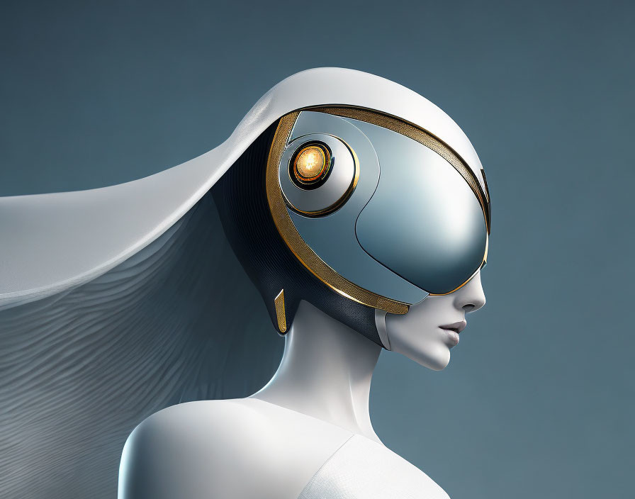 Futuristic female android with white and gold helmet and orange eye