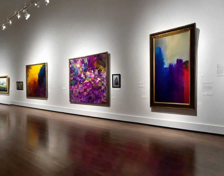 Colorful Abstract Paintings Displayed in Art Gallery Interior